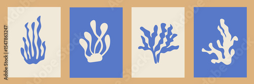 Abstract modern posters in Matisse style. Contemporary print, nature themed, irregular chaotic shapes. Retro silhouette wall decor paintings with floral, seaweed coral. Vector illustration collection.