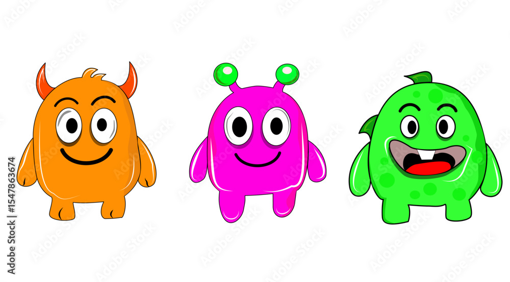 Fototapeta premium Playful monster character icons in vibrant colors, perfect for kids' designs, games, and fun projects.
