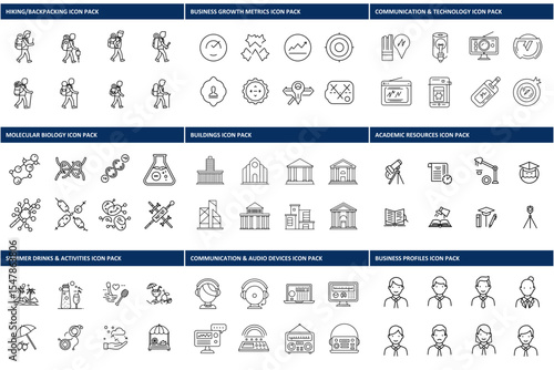 Line art icons of various subjects in different categories, showcasing diverse activities and objects.