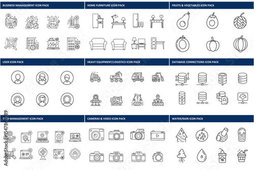 Line art icons of various subjects in different categories, categorized by function.
