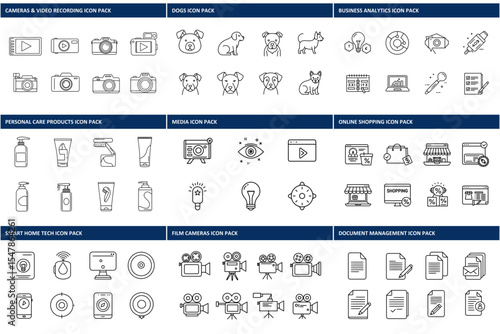 Collection of outline icons in various categories, depicting cameras, dogs, business analytics, personal care, media, online shopping, smart home tech, and film cameras.
