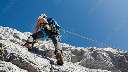 Rock climber challenging a high mountain rock face, outdoor extreme sports landscape