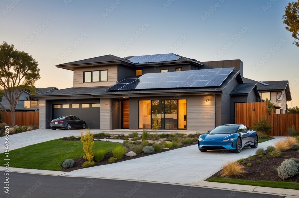 Sunny day over white house with rooftop solar panels, landscaped yard and energy-saving concept
Sunny day over white house with rooftop solar panels, landscaped yard and energy-saving concept