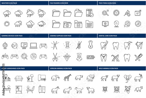 Line art icons depicting various subjects, including weather, gaming, home furnishings, sewing supplies, dental care, African animals, and wild animals, in a graphic design format.