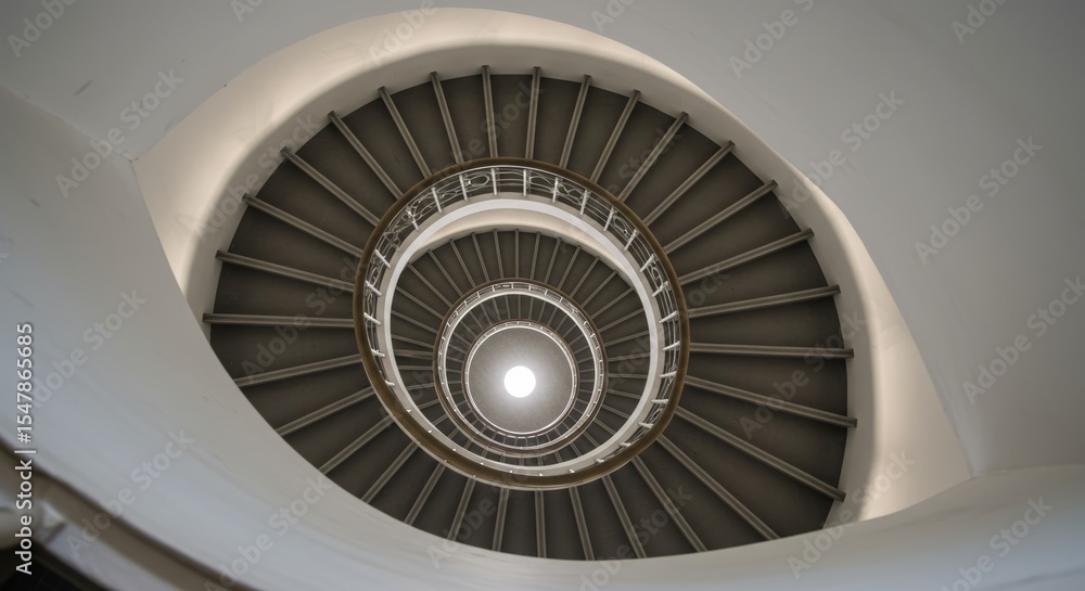 Fototapeta premium Minimalist and modern spiral staircase photo from above with an unusual but beautiful camera angle, natural lighting