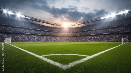 Illuminated professional soccer stadium with field and crowd at twilight