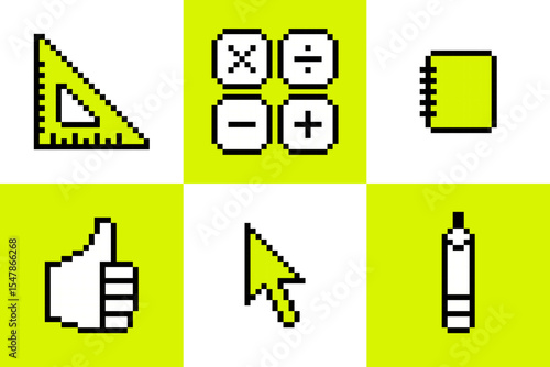School study geometric pattern in pixel art. Y2k inspired grid design with 8 bit retro game style education icon of mathematics, pencil, calculator, notebook. Abstract mosaic background. Green, white