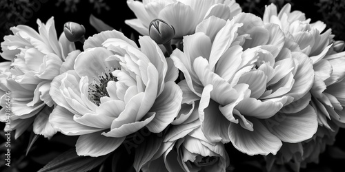 Black & white baroque-style image of vintage peony bouquet Elegant floral pattern, perfect for wallpaper or greeting card, black and white, flower arrangement