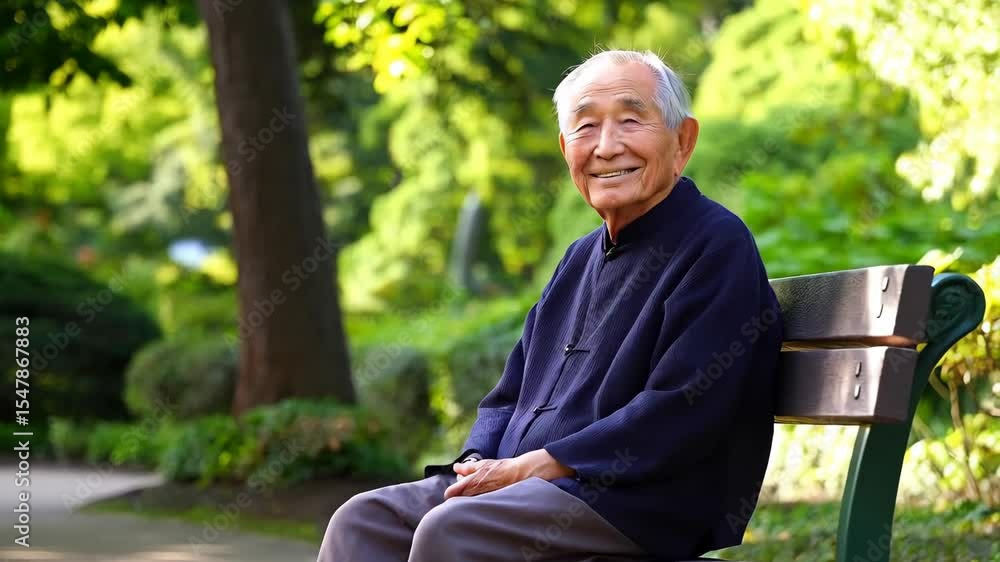 Elderly Asian man sitting alone on bench in park in quiet solitude - concept of aging - reflection and peaceful retirement Elderly Asian man sitting alone on bench in park in quiet solitude - concept of aging - reflection and peaceful retirement