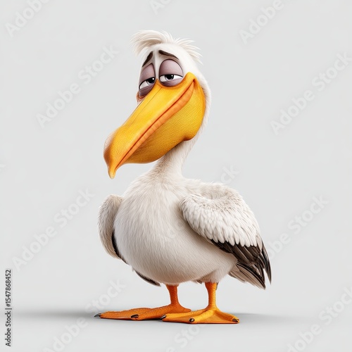 Weary Pelican, a 3D-rendered avian portrait, showcases a tired expression against a simple white background.
