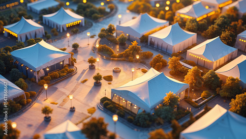 Aerial view of a fairground with white tents illuminated by warm lights at dusk or dawn.