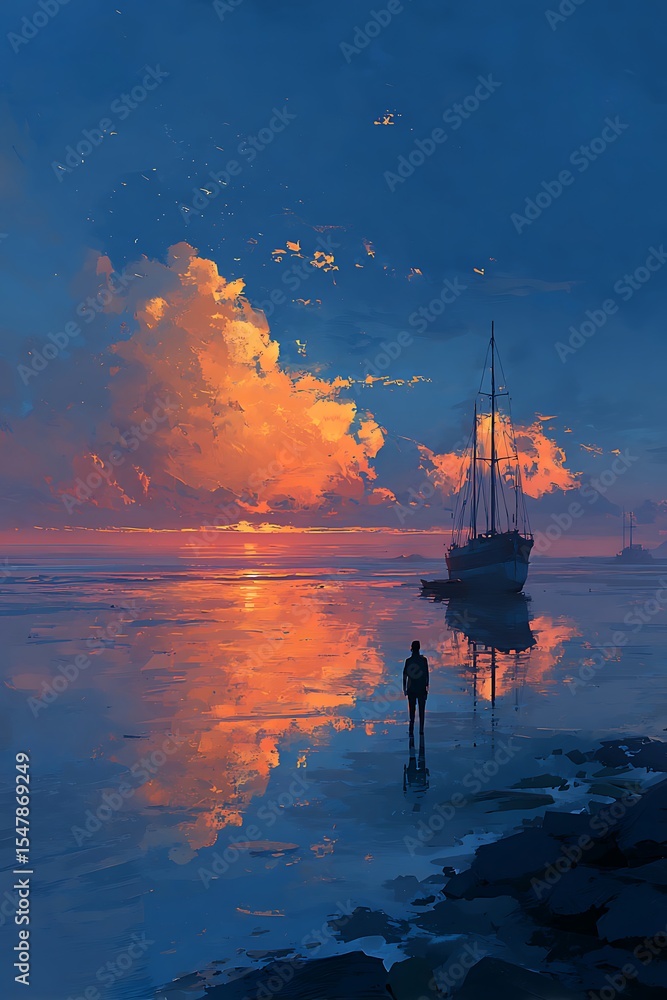 Obraz premium A solitary figure observes the tranquil sunset over the water.