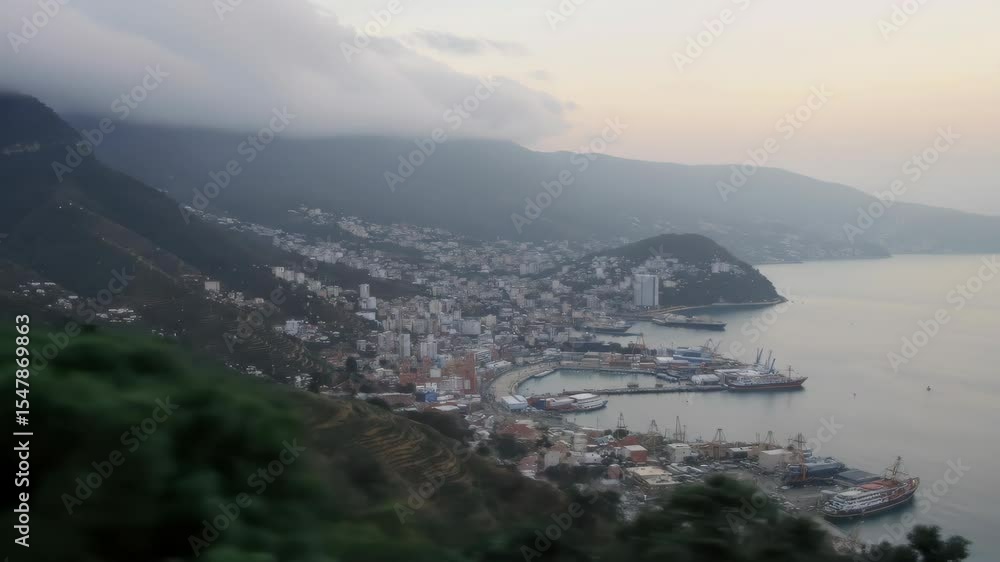 Serene Coastal Cityscape Overlooking Tranquil Harbor Featuring Urban Structures and Mountains Under Cloudy Sky in Warm Evening Lighting Serene Coastal Cityscape Overlooking Tranquil Harbor Featuring Urban Structures and Mountains Under Cloudy Sky in Warm Evening Lighting