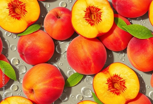 Juicy peach seamless pattern with glistening water droplets, vibrant summer texture, marketing, colorful