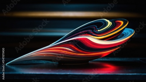 Striking Abstract Sculpture with Swirling Red Yellow and Blue Lines on a Dark Surface
