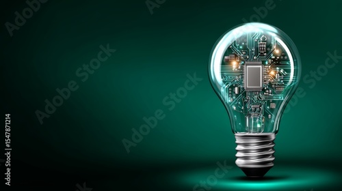 Futuristic light bulb with circuit board design on dark green background