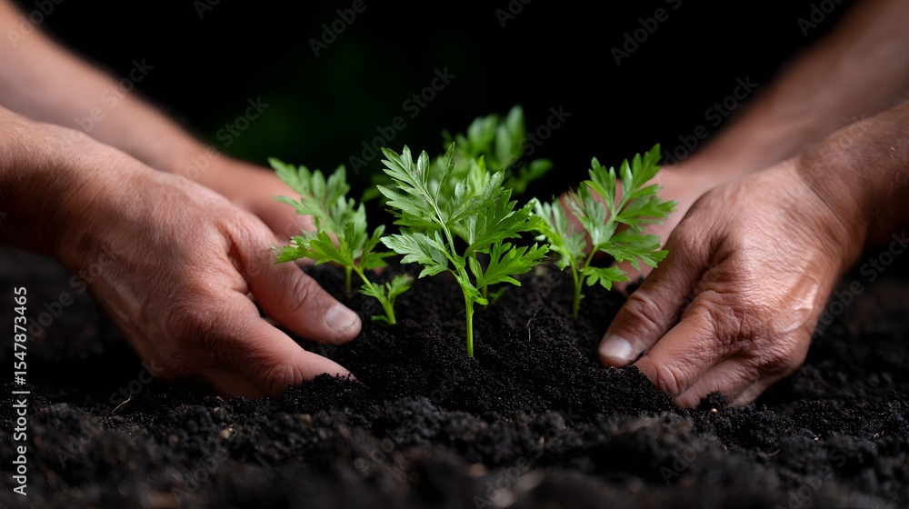 Fototapeta premium Hands gently planting a seedling in the soil.