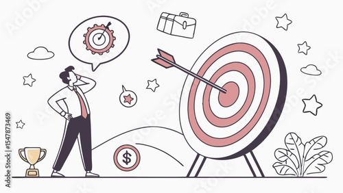 Businessman contemplating target achievement with arrows and symbols of success