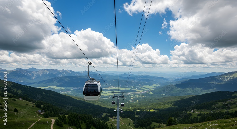 Cable car ascending high above the valleys of a magnificent mountain landscape Cable car ascending high above the valleys of a magnificent mountain landscape