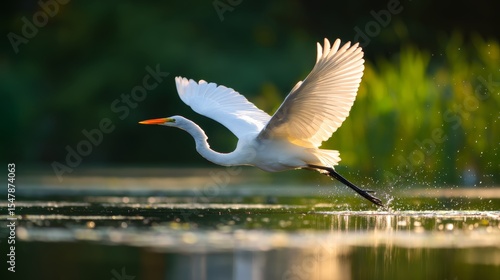 Graceful great egret in flight over serene water at sunset