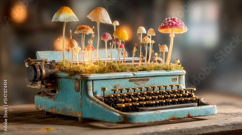 Old typewriter sprouting tiny mushrooms under warm window light. AI generation.
