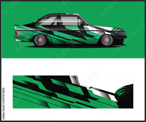 Green and Black Racing Car Wrap Design Template on a Green Background