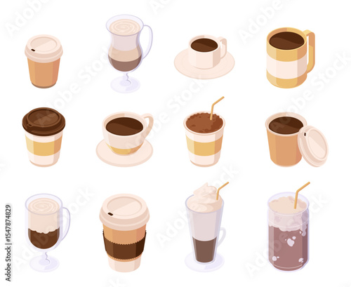 Various cold and hot caffeine drinks in glasses, isometric coffee beverages with foam and whipped cream. Vector isolated cafe or restaurant products. Cocoa and latte, americano and espresso
