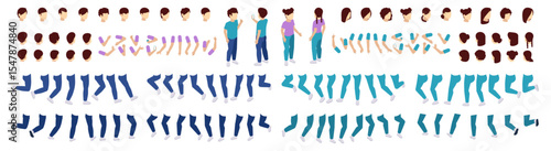 Child girl and boy characters constructor. Vector unique isometric personage creature. Young female and male in casual clothes. Set of different positions of hands, legs and hair style. DIY kit