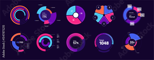 Professional diagrams for business intelligence dashboards. Vector pie charts with labeled data points and gridlines. Performance tracking and KPI reports, sales metrics and financial insights