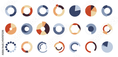 Modern circular pie charts set. Vector isolated progress ring indicators for dashboards, analytics panels and mobile apps. Radial meters and time trackers, loading circles and segmented diagrams
