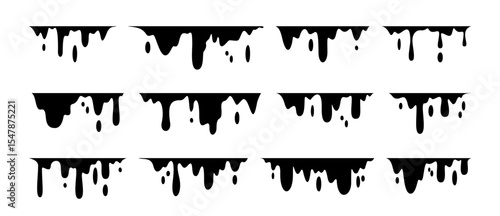 Black melting paint set. Vector dripping splatter and dribble brush strokes with stain and leak, dirty fluid. Different borders with flowing ink, sticky liquid design. Modern art and graffiti