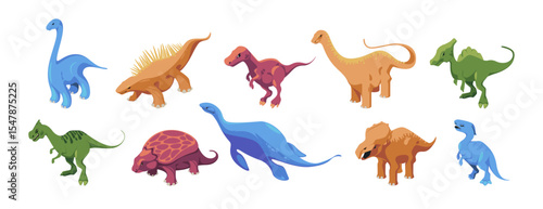 Jurassic period dinosaurs of different types. Vector isolated extinct animals species with long necks, thorns and claws. Isometric marine and land dinos, prehistoric personages with fins and wings