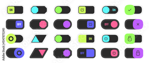 Toggle switch button in on and off, block and unblock positions. Vector user interface design and app controls, settings or interactive dashboards. Activation and approval, enable and disable actions