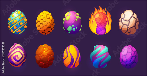 Fairy tales eggs collection with cracks and swirl patterns. Vector isolated cartoon enchanted shells set. Dragon or dinosaur embryonic spheres with various textures. Magic beast cores