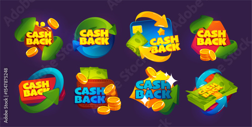 Wallets and credit cards with coins flying back into it, curved arrow emphasizing return of funds. Vector cashback logos or icons collection. Budget savings and personal finance management.
