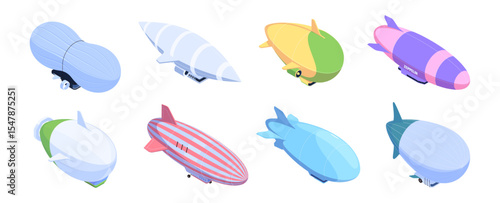 Passenger airship set. Vector isometric elongated aerostat with gondolas underneath. Zeppelins with stripes. Cabins for people. Extended giant balloons filled with helium for free travel tourism