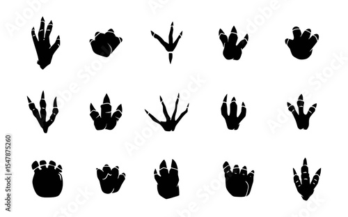 Jurassic era wild animal footprints collection. Vector isolation prints of dinosaurs, beast creations paws. Ancient wildlife foot icons, footsteps silhouette. Footmarks set in grunge style