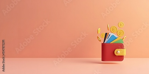 3D Render of a Digital Wallet with Coins and Cards on Pink Background