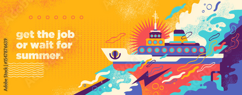 An abstract summer background design featuring a cruise ship and colorful splashing shapes.