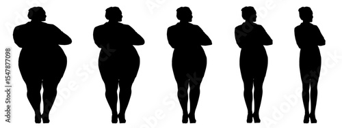 Conceptual fat overweight obese female vs slim fit healthy body after weight loss or diet on white background banner. A  fitness, nutrition or obesity, health shape illustration vector as silhouettes