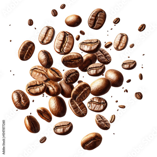 Roasted coffee beans are scattered against transparency background, showcasing their rich brown color and glossy texture. beans appear to be in motion, creating dynamic and energetic feel