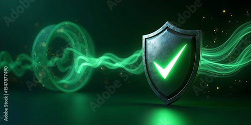 3D Render of a Futuristic Shield with Glowing Green Checkmark Symbol on Dark Background