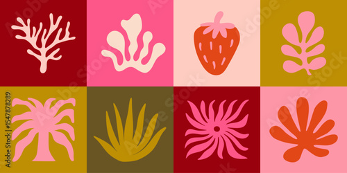 Vector shapes  in simple floral wavy and groovy naive style, ocean and vacation theme,  flowers and plants, floral botanic hand drawn design templates, modern art prints, surface design