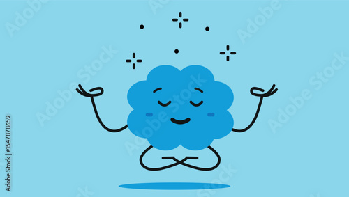 cartoon blue brain meditating in lotus yoga pose with peaceful expression and sparkles on blue background	