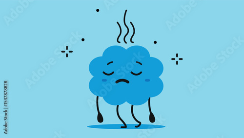 cartoon blue brain character with sad face and steam lines showing mental fatigue and exhaustion on blue background	
