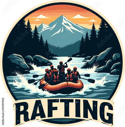 Group of people rafting on whitewater river at sunset with forest and mountains in the background, in a bold badge illustration.