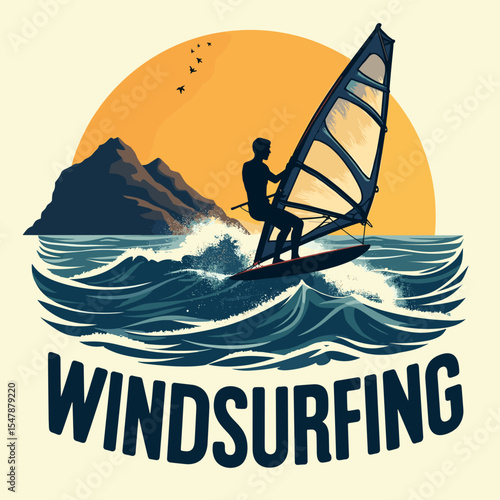 Windsurfing scene with large waves, distant island, and glowing sun, in a dynamic and bold vintage badge style.