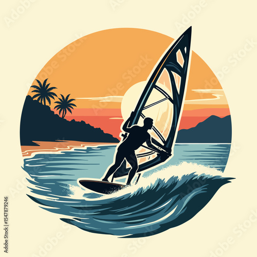 Windsurfer riding wave in tropical beach scene with sunset and palm trees, in a vintage circular badge style illustration.