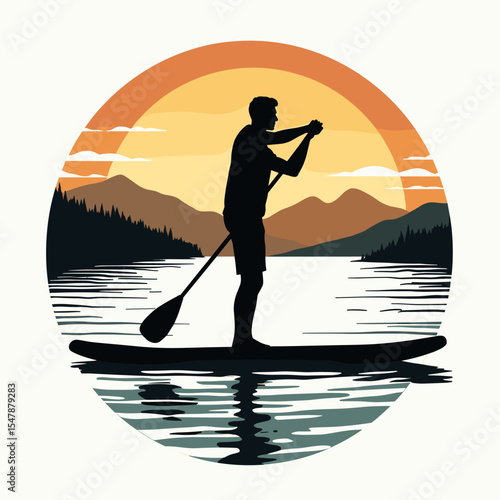 SUP silhouette of man paddling at sunset on calm lake, surrounded by forest and mountains, in clean vintage badge style.