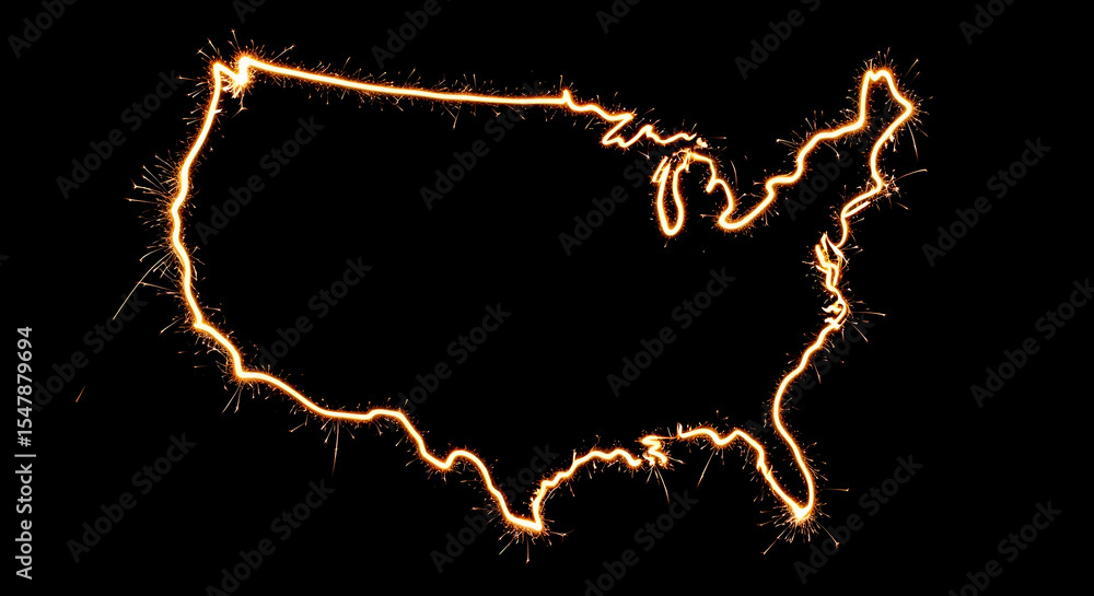 Obraz premium Map of United States Created with Sparkler Light Effect on Transparent Background